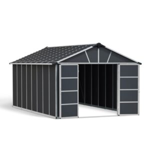 Casetta da giardino in metallo Palram Yukon, 17,2 m², antracite. Casetta con ingresso aperto.