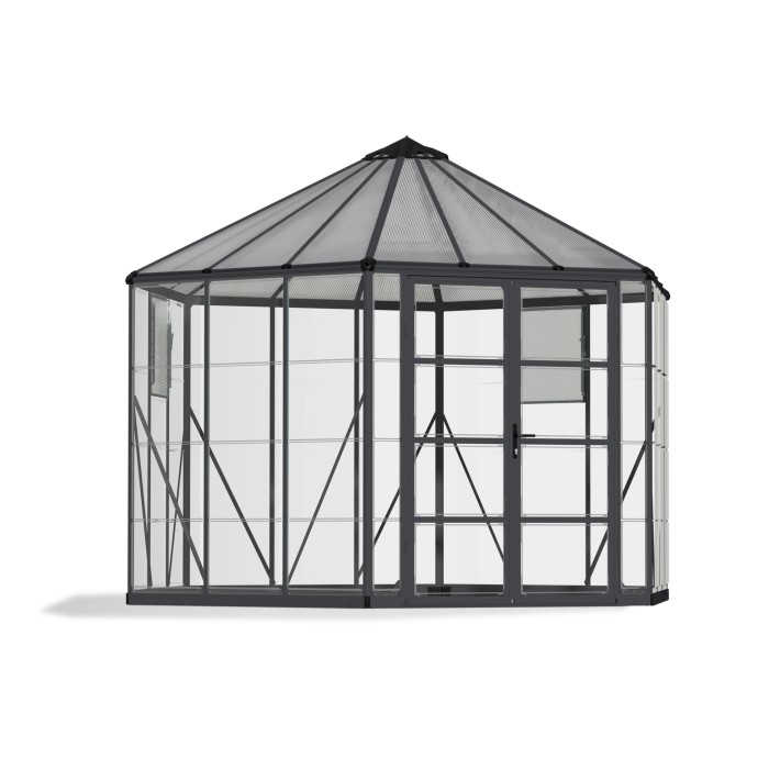 Serra Palram Canopia Oasis, 3.6x3.2m, esagonale, con vetro Pavi. Ideale come oasi di relax o per coltivare piante.
