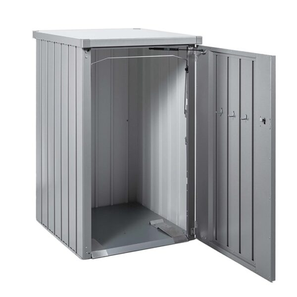 Box per bidoni Biohort Alex aperta, argento metallizzato, con meccanismo di ribaltamento per una facile rimozione.