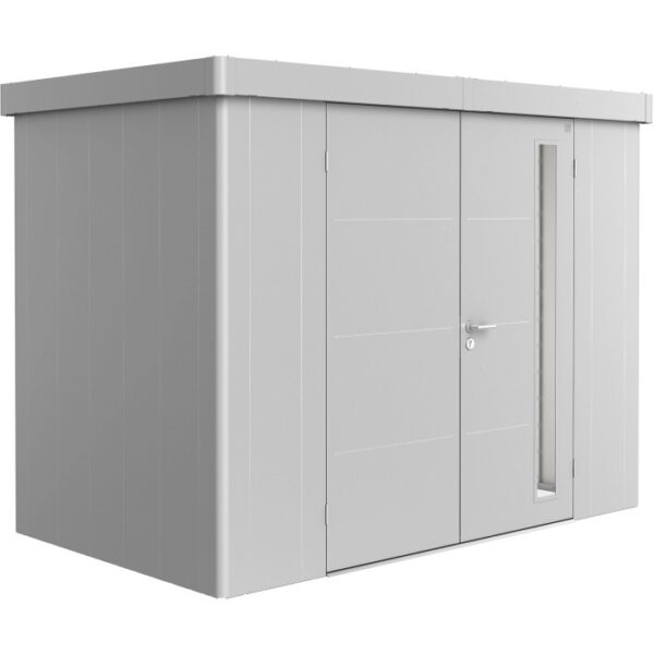 Casetta da giardino Biohort Neo 1C con doppia porta in metallo argentato. Design moderno per giardino o cortile.