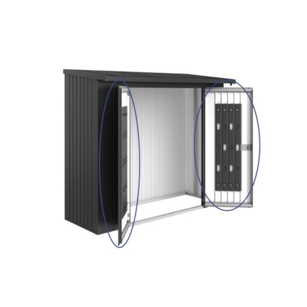 Pacchetto porta Biohort per WoodStock 230 in grigio scuro metallizzato con sistema di organizzazione.