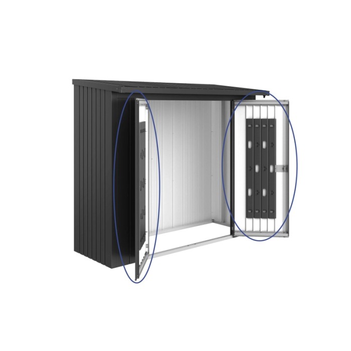 Pacchetto porta Biohort per WoodStock 230 in grigio scuro metallizzato con sistema di organizzazione.