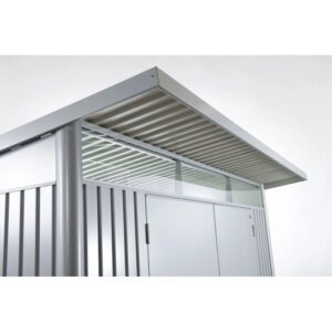 Casetta da giardino in metallo AvantGarde color argento metallizzato con doppia porta, dettaglio tetto e porta.