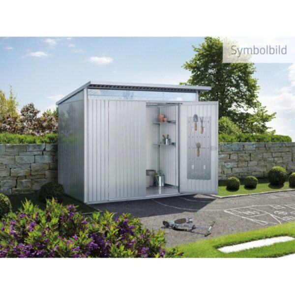 Casetta da giardino in metallo Biohort AvantGarde ECO A5, argento-metallizzato, porta standard, parzialmente aperta con vista interna.