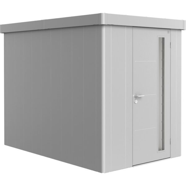 Casetta da giardino Biohort Neo 3A in argento metallizzato con porta standard. Design moderno per il giardino.