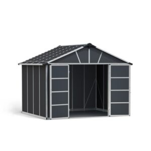 Casetta da giardino in plastica grigia Palram Canopia Yukon 3.3 x 2.7 con doppie porte aperte.