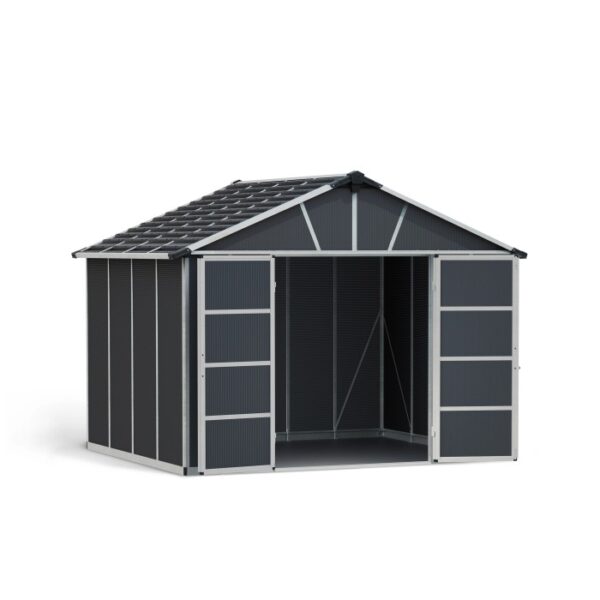 Casetta da giardino in plastica grigia Palram Canopia Yukon 3.3 x 2.7 con doppie porte aperte.