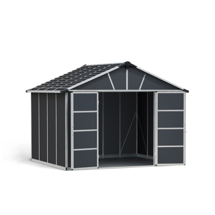 Casetta da giardino in plastica grigia Palram Canopia Yukon 3.3 x 2.7 con doppie porte aperte.