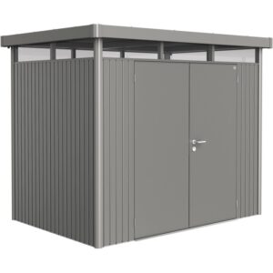 Casetta da giardino in metallo Biohort HighLine, grigio quarzo metallizzato, doppia porta. Design moderno.