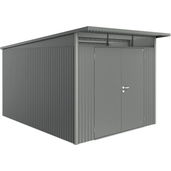 Casetta da giardino in metallo grigio con doppia porta. Ideale per riporre gli attrezzi da giardino.