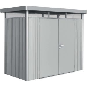Casetta da giardino in metallo Biohort HighLine, 3,5 m², argento metallizzato con doppia porta.