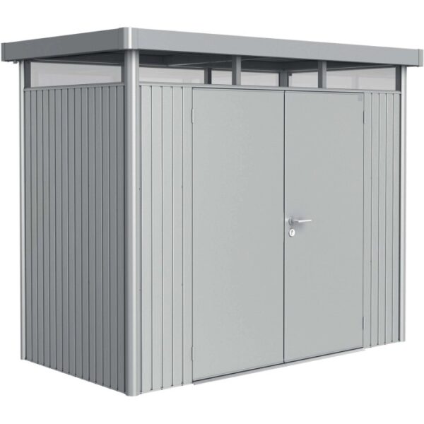 Casetta da giardino in metallo Biohort HighLine, 3,5 m², argento metallizzato con doppia porta.
