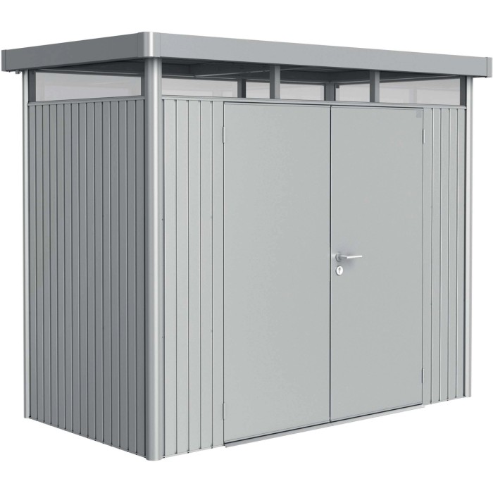 Casetta da giardino in metallo Biohort HighLine, 3,5 m², argento metallizzato con doppia porta.