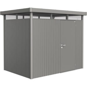 Casetta da giardino in metallo Biohort HighLine, 4,6 m², grigio quarzo metallizzato con porta singola.