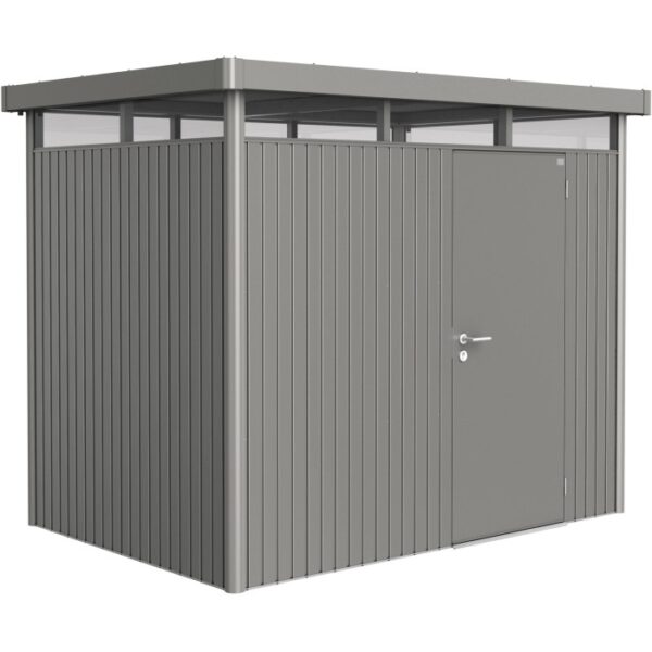Casetta da giardino in metallo Biohort HighLine, 4,6 m², grigio quarzo metallizzato con porta singola.