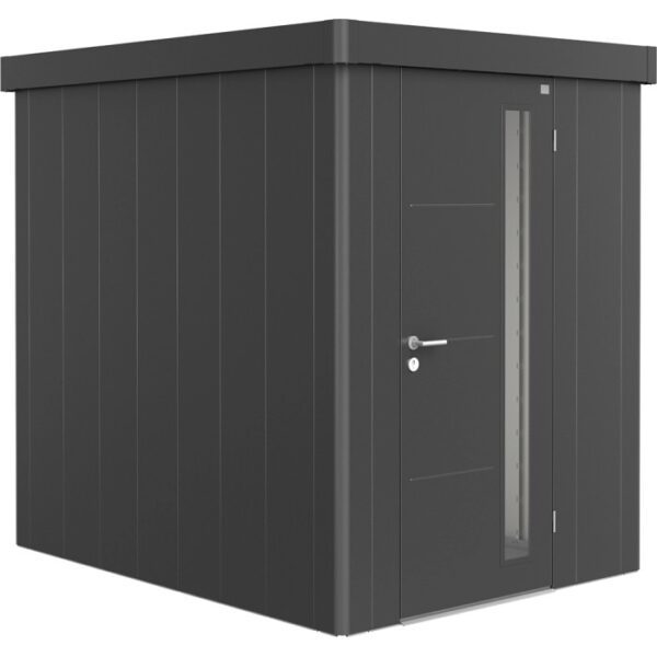 Casetta da giardino Biohort Neo 2A in grigio quarzo metallizzato con porta standard. Design moderno per il giardino.