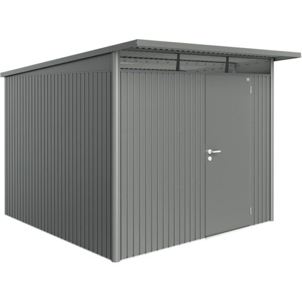 Casetta da giardino in metallo grigio con porta. Ideale per riporre gli attrezzi da giardino.