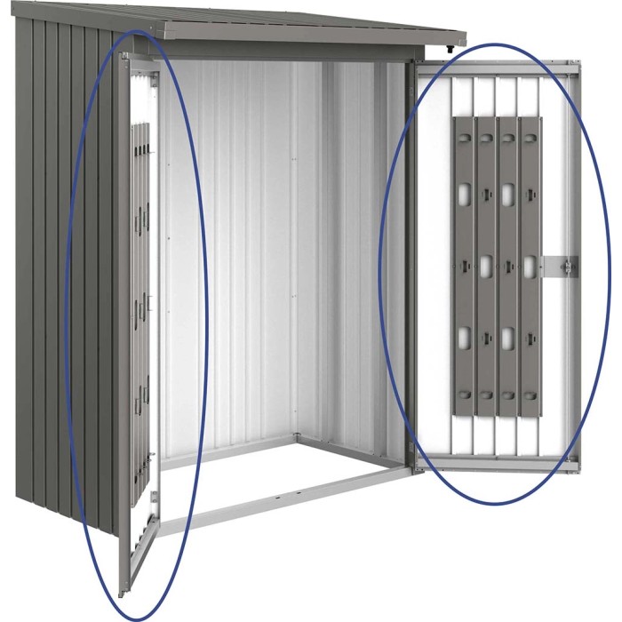 Pacchetto porta Biohort per legnaia WoodStock 150, grigio quarzo metallizzato, con sistema di stoccaggio.