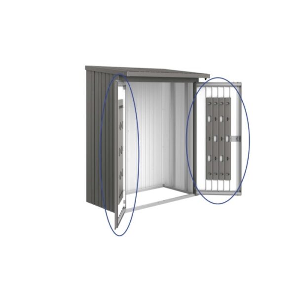 Pacchetto porta Biohort per legnaia WoodStock 150, grigio quarzo metallizzato, con sistema di stoccaggio.