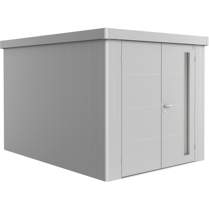 Casetta da giardino Biohort Neo 4B con doppia porta, argento metallizzato. Casetta in metallo con tetto piatto e finestra.