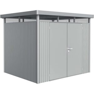 Casetta da giardino in metallo Biohort HighLine, 5,6 m², argento metallizzato con doppia porta.