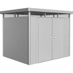 Casetta da giardino in metallo Biohort HighLine, 5,6 m², argento metallizzato, con doppia porta.