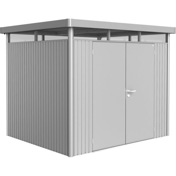 Casetta da giardino in metallo Biohort HighLine, 5,6 m², argento metallizzato, con doppia porta.