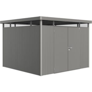 Casetta da giardino in metallo Biohort HighLine H6, grigio quarzo metallizzato, 8,5 m² con doppia porta.