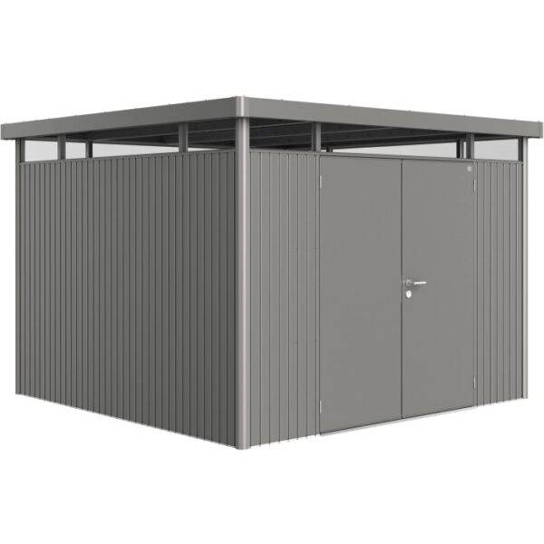 Casetta da giardino in metallo Biohort HighLine H6, grigio quarzo metallizzato, 8,5 m² con doppia porta.