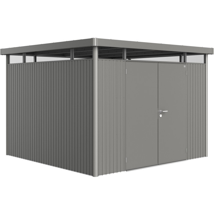 Casetta da giardino in metallo Biohort HighLine H6, grigio quarzo metallizzato, 8,5 m² con doppia porta.