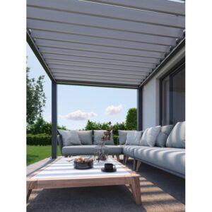 Pergola Biohort in grigio scuro/argento metallizzato con tetto a lamelle e area salotto sulla terrazza.
