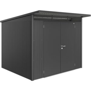 Casetta da giardino Biohort AvantGarde A6, grigio scuro metallizzato, con doppia porta. Casetta da giardino in metallo.