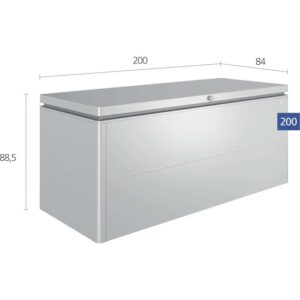 Biohort LoungeBox 200, argento metallizzato, con dimensioni. Ideale per riporre articoli da giardino.