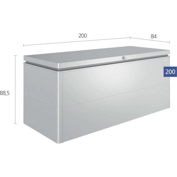 Biohort LoungeBox 200, argento metallizzato, con dimensioni. Ideale per riporre articoli da giardino.