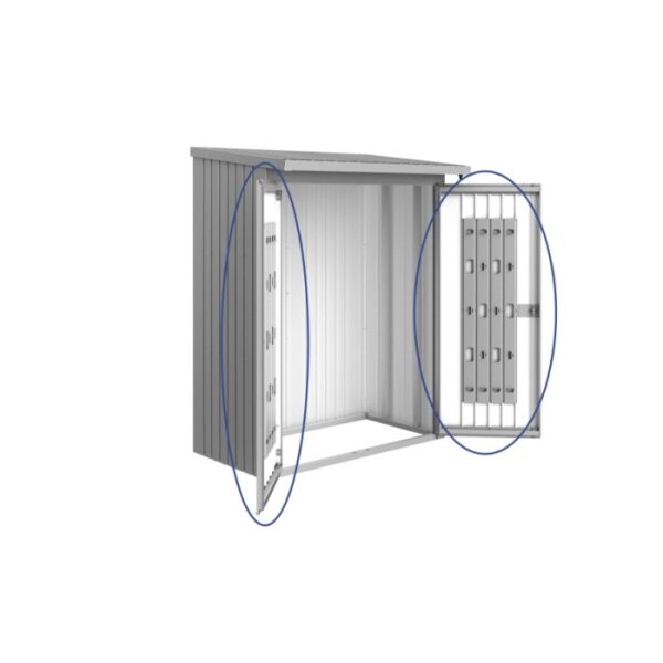 Pacchetto porta Biohort per WoodStock 150, argento metallizzato, con serratura a cilindro con maniglia girevole e sistema di organizzazione.
