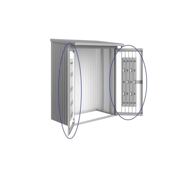 Pacchetto porta Biohort per WoodStock 150, argento metallizzato, con serratura a cilindro con maniglia girevole e sistema di organizzazione.