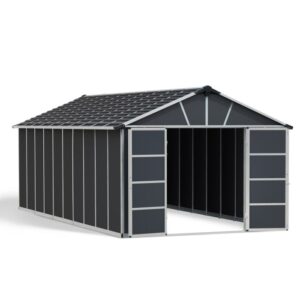 Casetta da giardino in metallo Palram Yukon, 21,3 m², antracite con porte scorrevoli aperte.