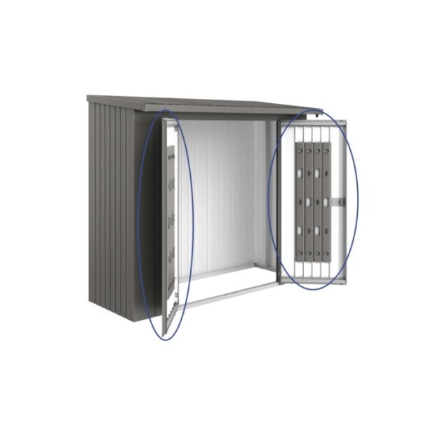 Pacchetto porta Biohort per legnaia WoodStock 230, grigio quarzo metallizzato, con sistema di stoccaggio.