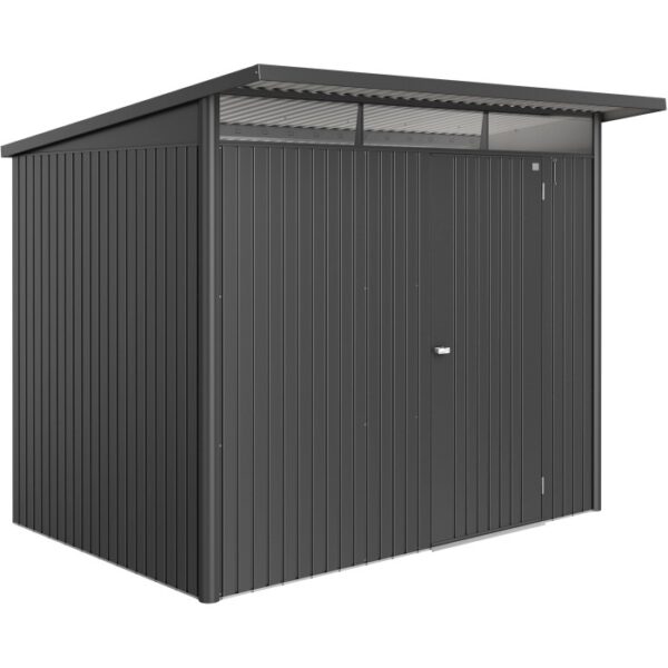 Casetta da giardino Biohort AvantGarde ECO A5, grigio scuro metallizzato, con porta standard. Casetta in metallo.