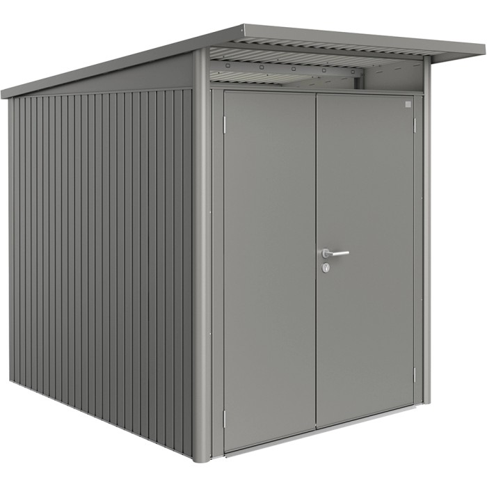 Casetta da giardino in metallo Biohort AvantGarde A2 grigio quarzo metallizzato con doppia porta.
