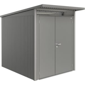 Casetta da giardino Biohort AvantGarde A2, grigio quarzo metallizzato, con doppia porta stretta.