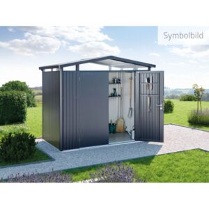 Casetta da giardino in metallo Biohort Panorama grigio scuro con porte aperte, 5,6 m².