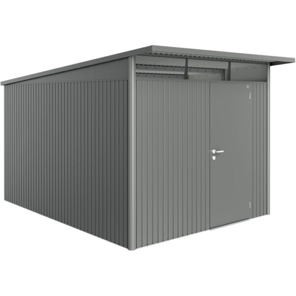 Casetta da giardino in metallo grigio con porta. Ideale per riporre gli attrezzi da giardino.
