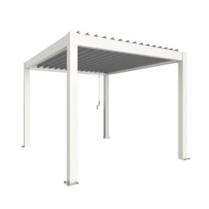 Pergola Biohort 3x3,5m bianco-argento: Copertura moderna per terrazzi con lamelle regolabili.
