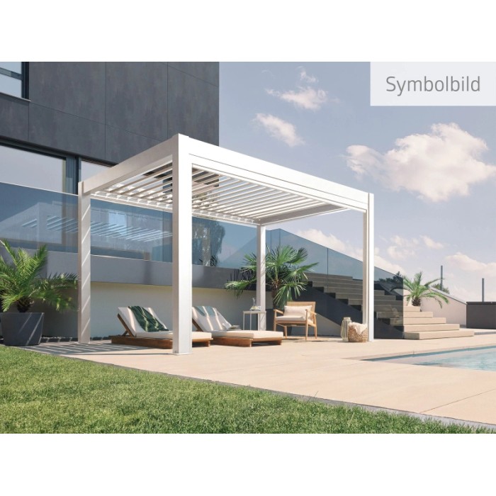 Pergola Biohort 3x3,5m in bianco-argento. Copertura moderna per terrazzi con lamelle regolabili.
