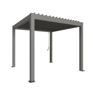 Pergola Biohort, grigio quarzo metallizzato, 255x312x312 cm, copertura per terrazza a lamelle.