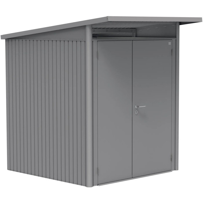Casetta da giardino in metallo Biohort AvantGarde A1, grigio quarzo metallizzato, con doppia porta.