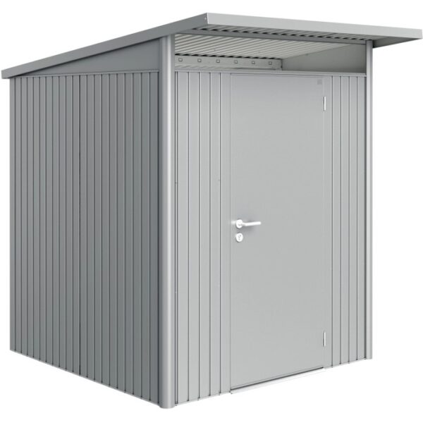 Casetta da giardino in metallo grigio con porta e tetto. Ideale per riporre gli attrezzi da giardino.