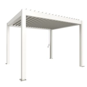 Pergola Biohort bianca 3,5 m x 3 m per terrazza con lamelle.
