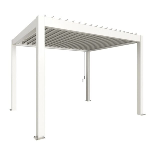 Pergola Biohort bianca 3,5 m x 3 m per terrazza con lamelle.